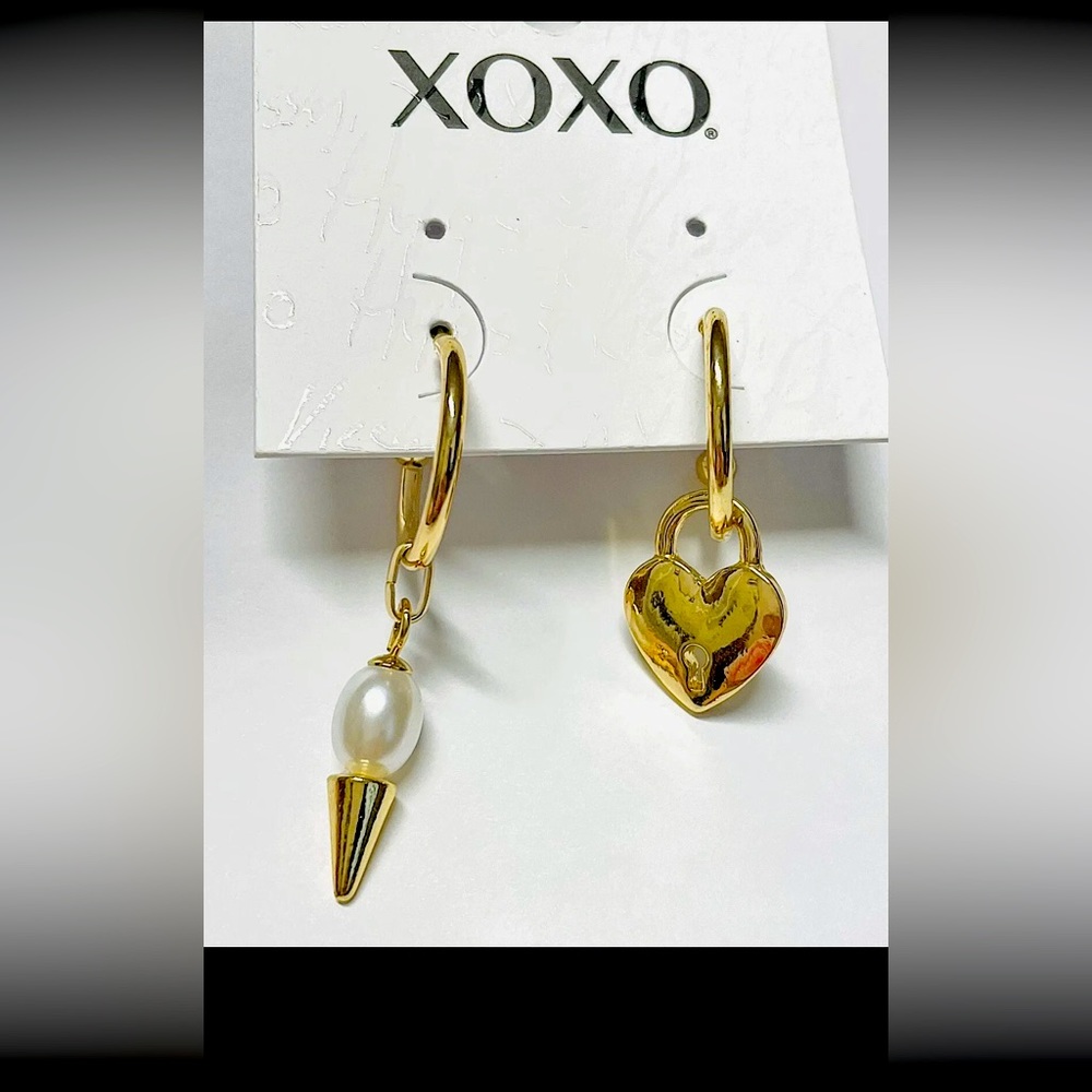 Heart & Pearl Earrings gold tone lock heart faux pearl asymmetrical earrings